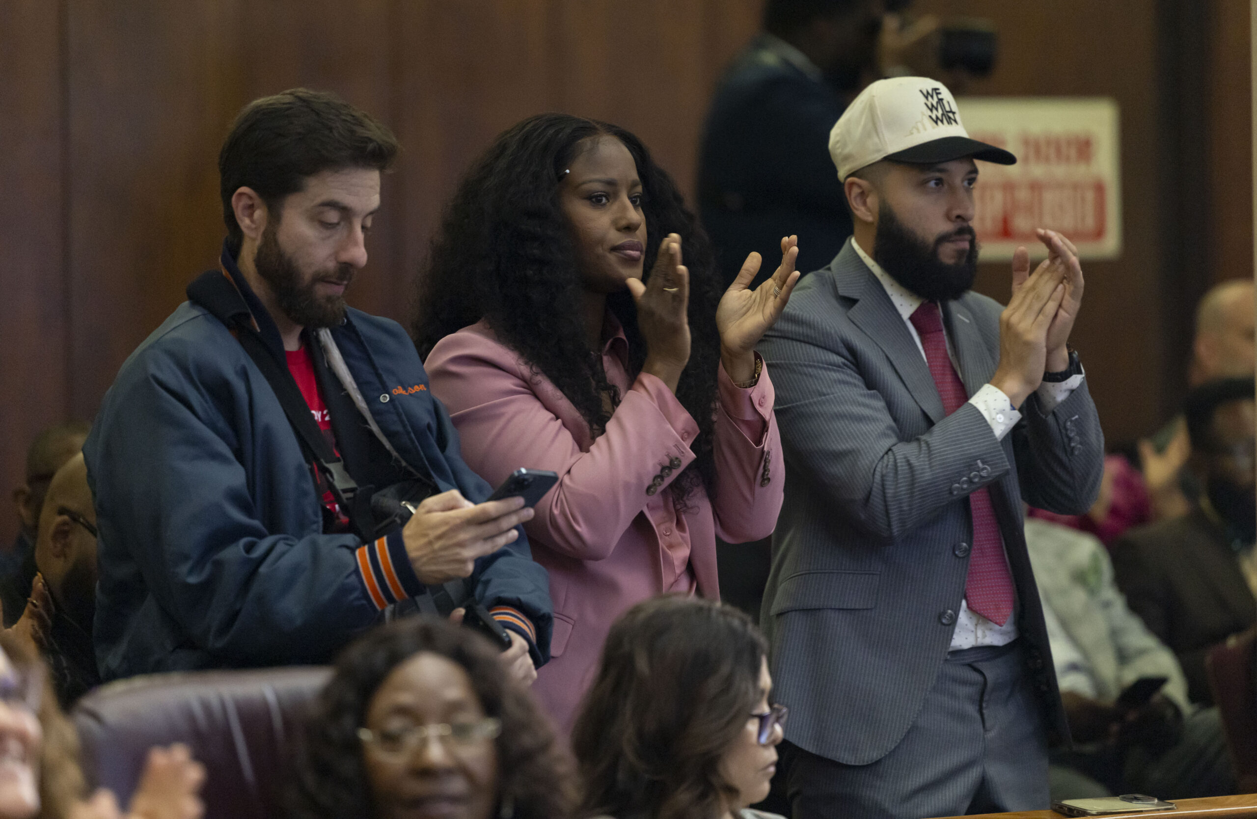 Chicago Teachers Union President Stacy Davis Gates applauds while Mayor Brandon Johnson delivers his budget address to the City Council on Oct. 16, 2025, at City Hall. (Brian Cassella/Chicago Tribune)