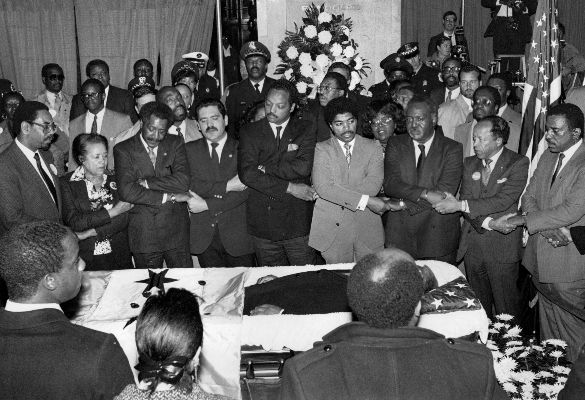 Aldermen Bobby Rush, from left, Anna Langford, Eugene Sawyer, Jesus...