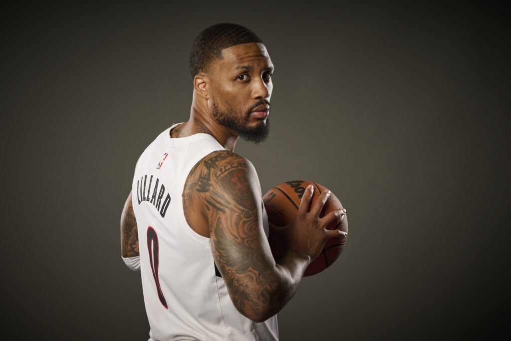 Portland Trail Blazers guard Damian Lillard (0) during media day at the Moda Center.