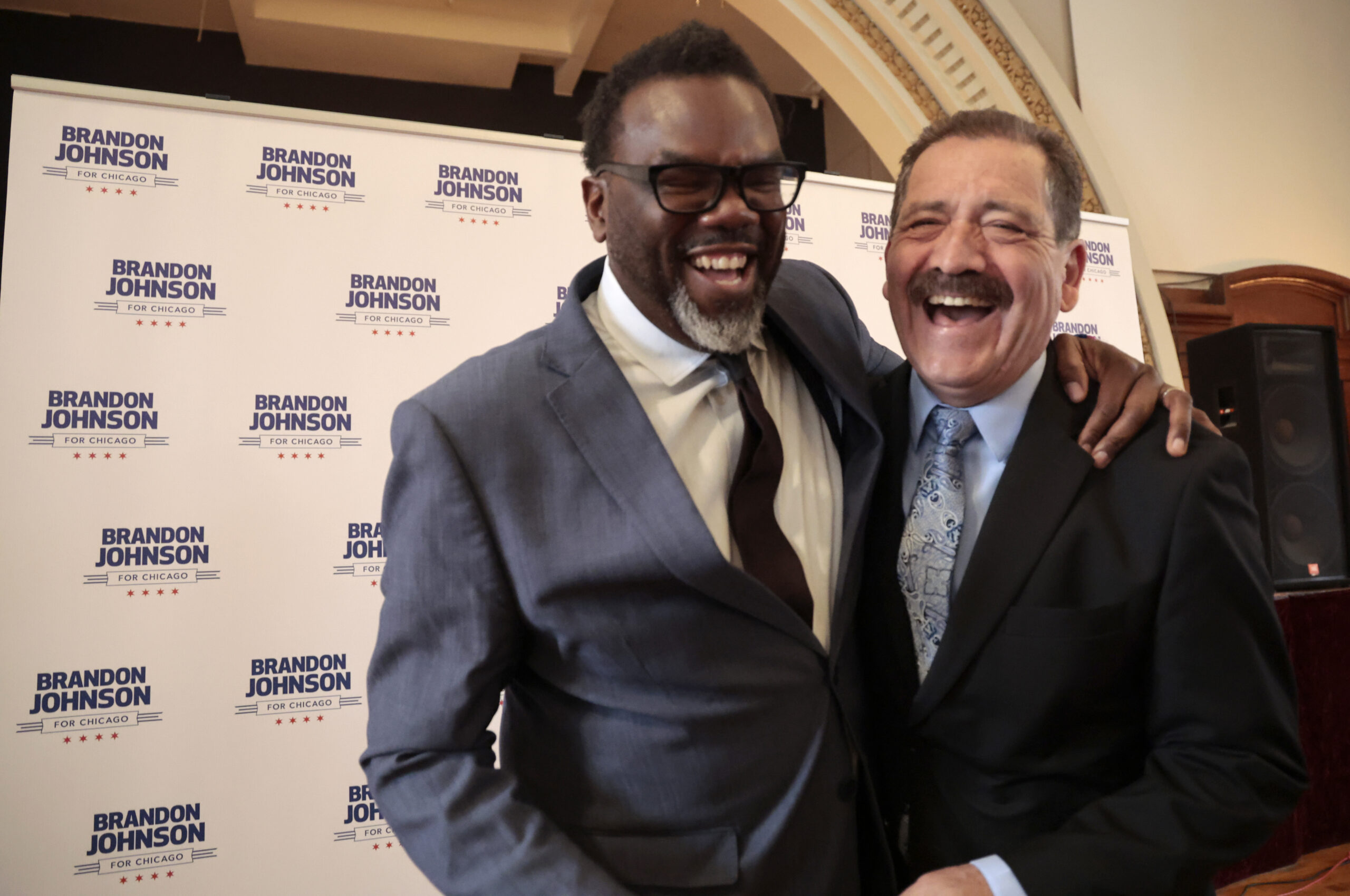 Then-mayoral candidate Brandon Johnson, left, joins U.S. Rep. Jesús “Chuy” García for a...