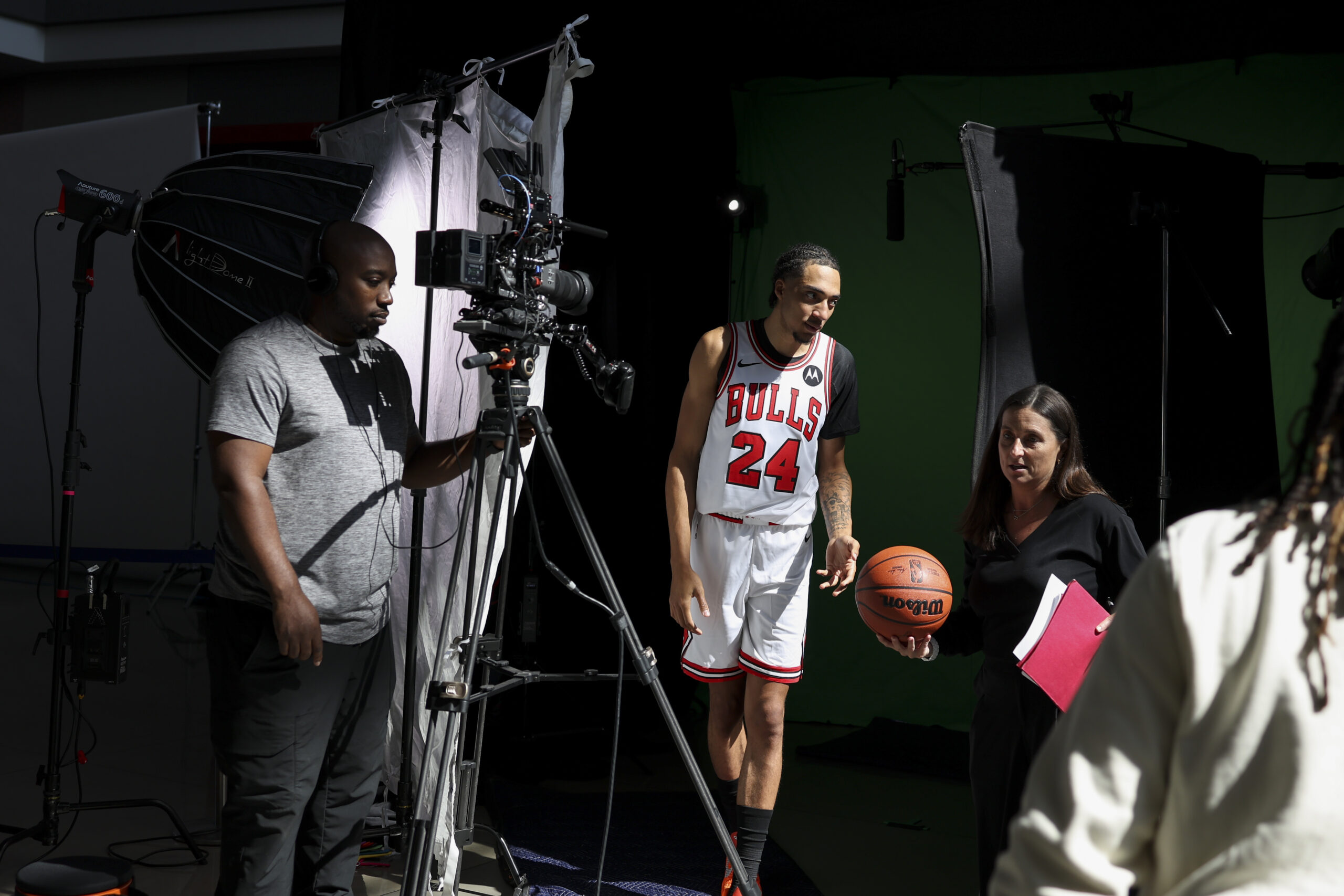 Chicago Bulls forward Noa Essengue leaves a video station during...