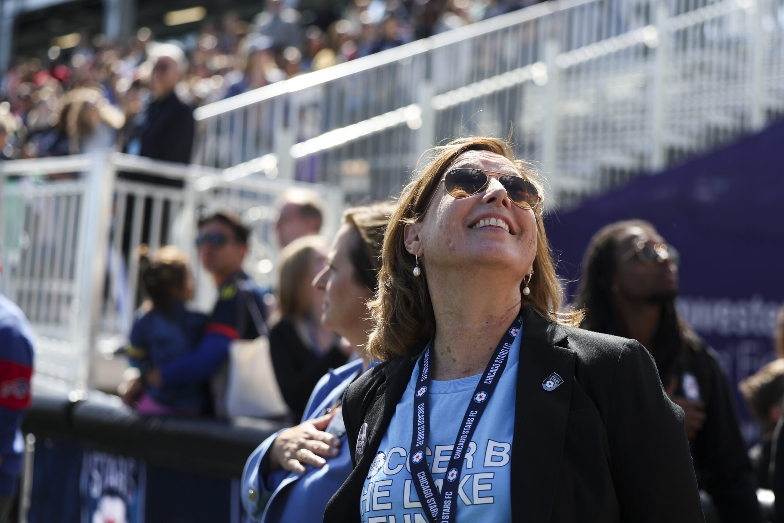 Chicago Stars President Karen Leetzow smiles during the national anthem...
