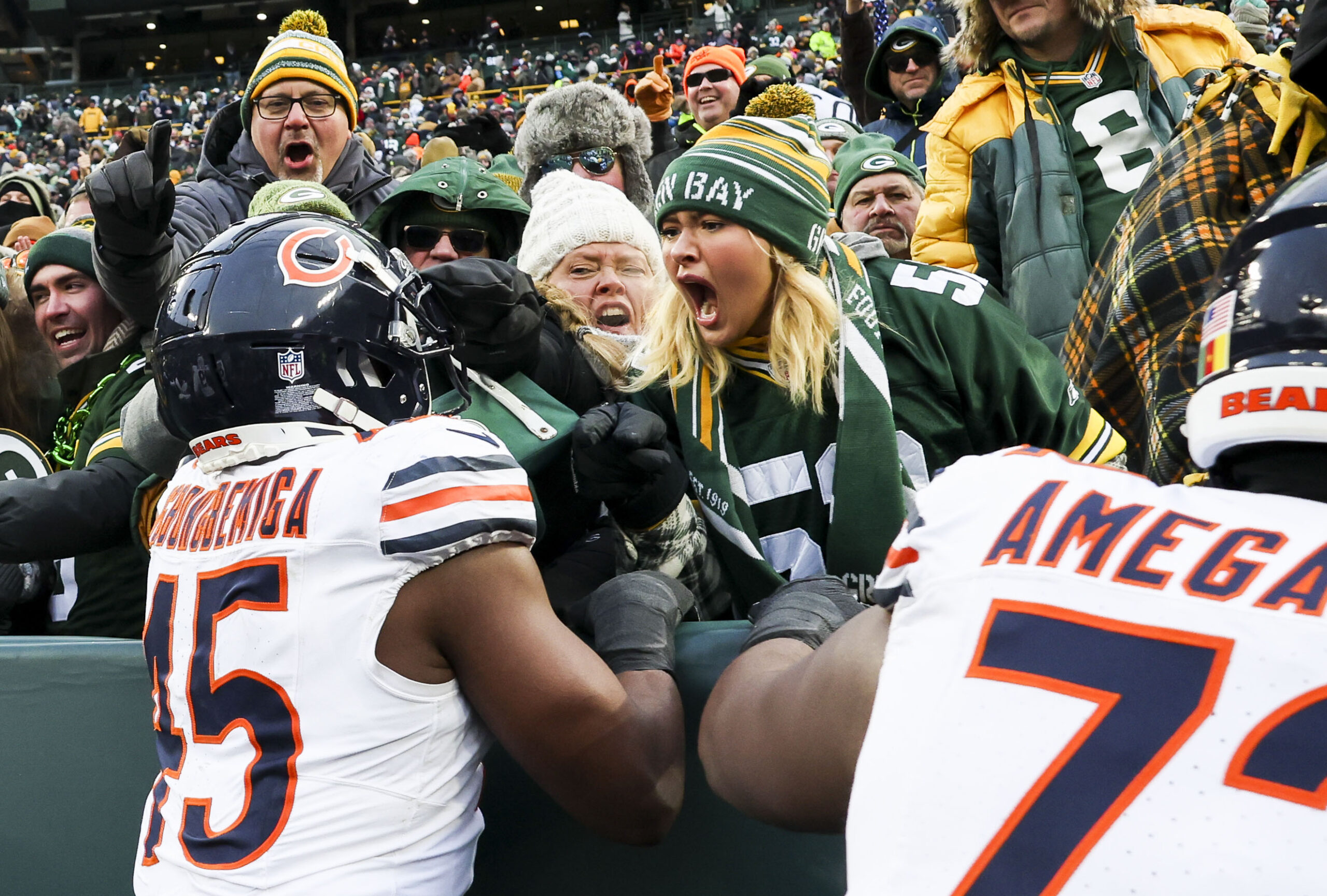 Jan. 5: Green Bay fans yell at Chicago Bears linebacker...