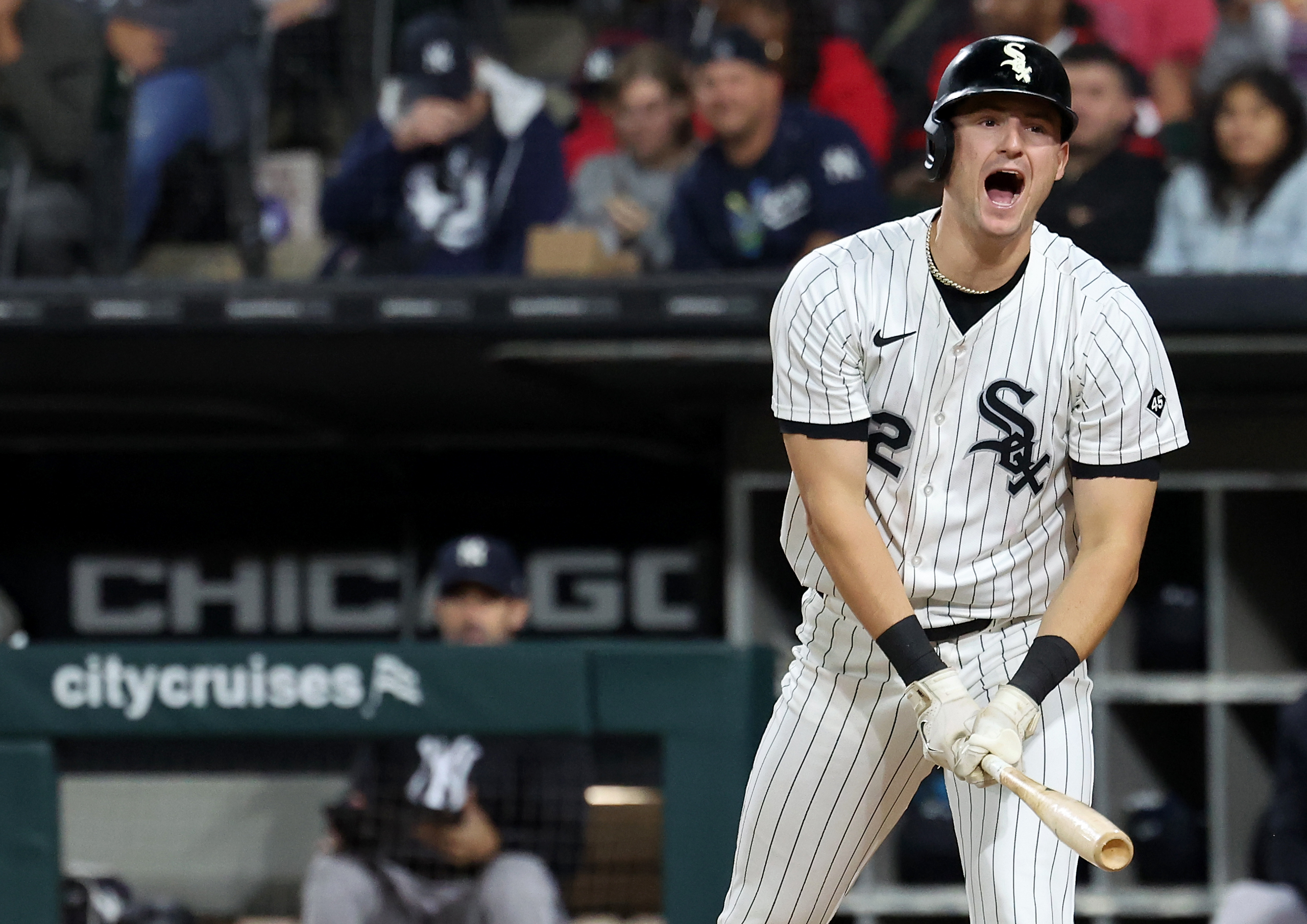 Chicago White Sox shortstop Colson Montgomery reacts after striking out...