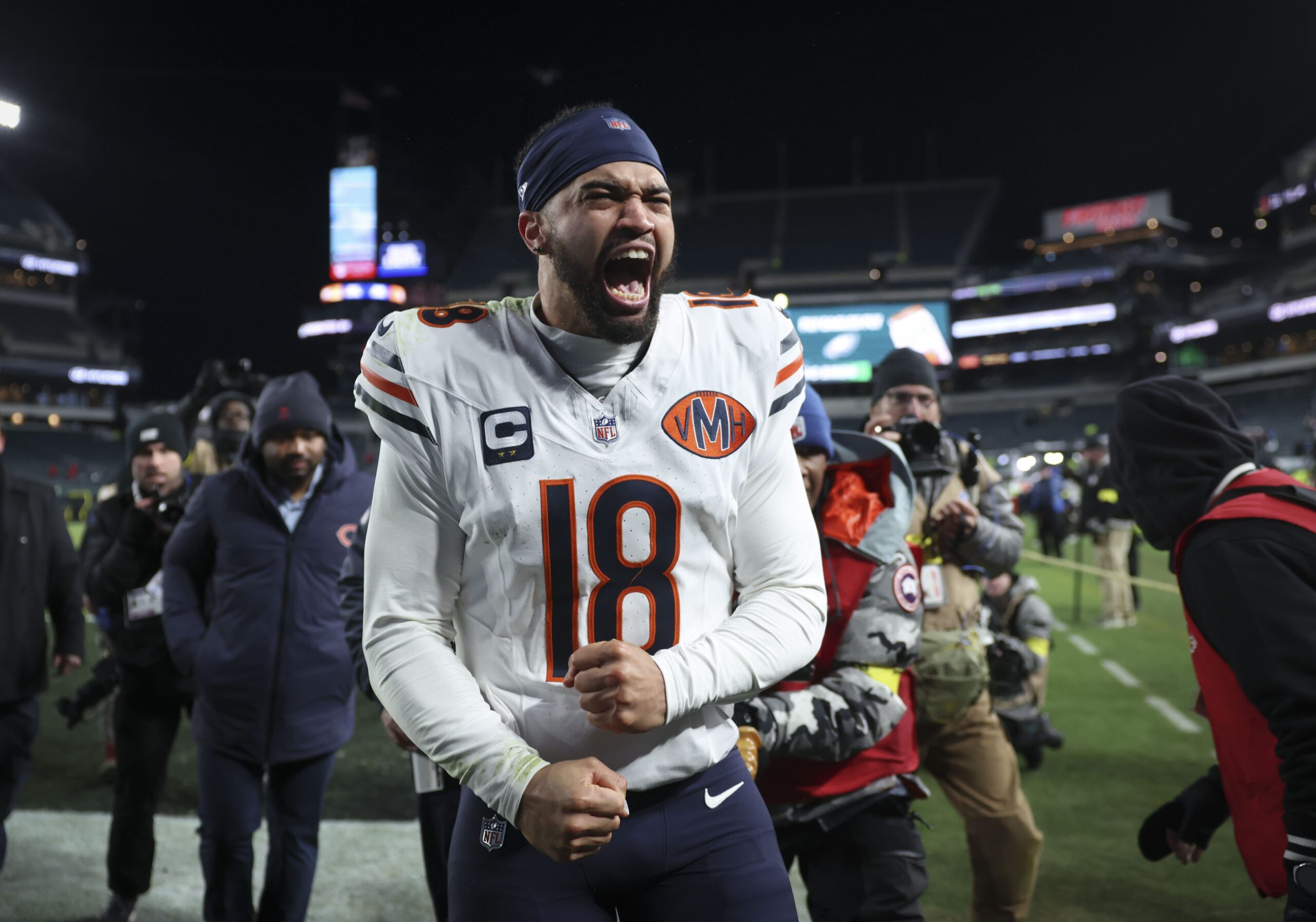 Bears quarterback Caleb Williams celebrates the win over the Eagles...