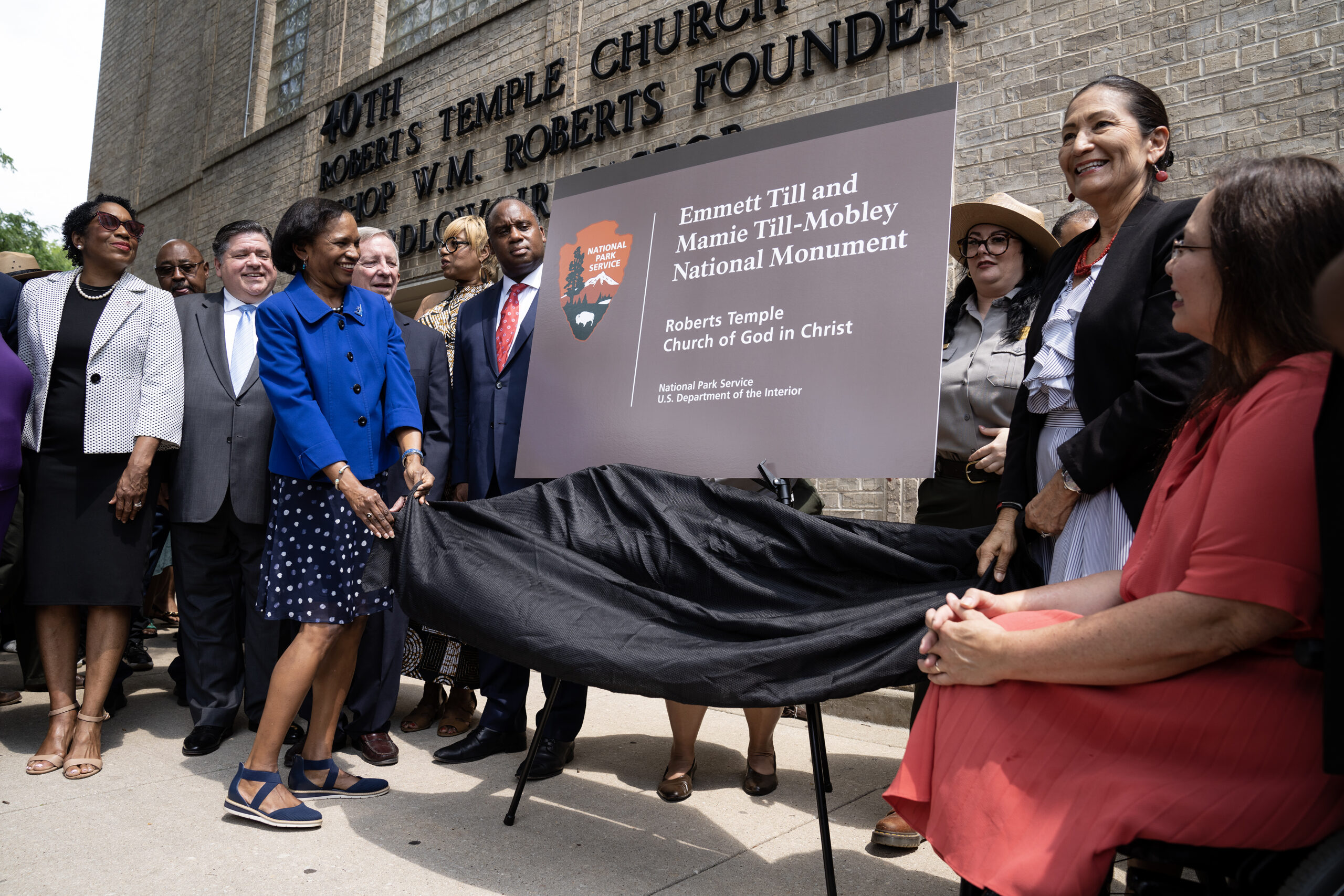 Temporary signage is unveiled for the Emmett Till and Mamie...