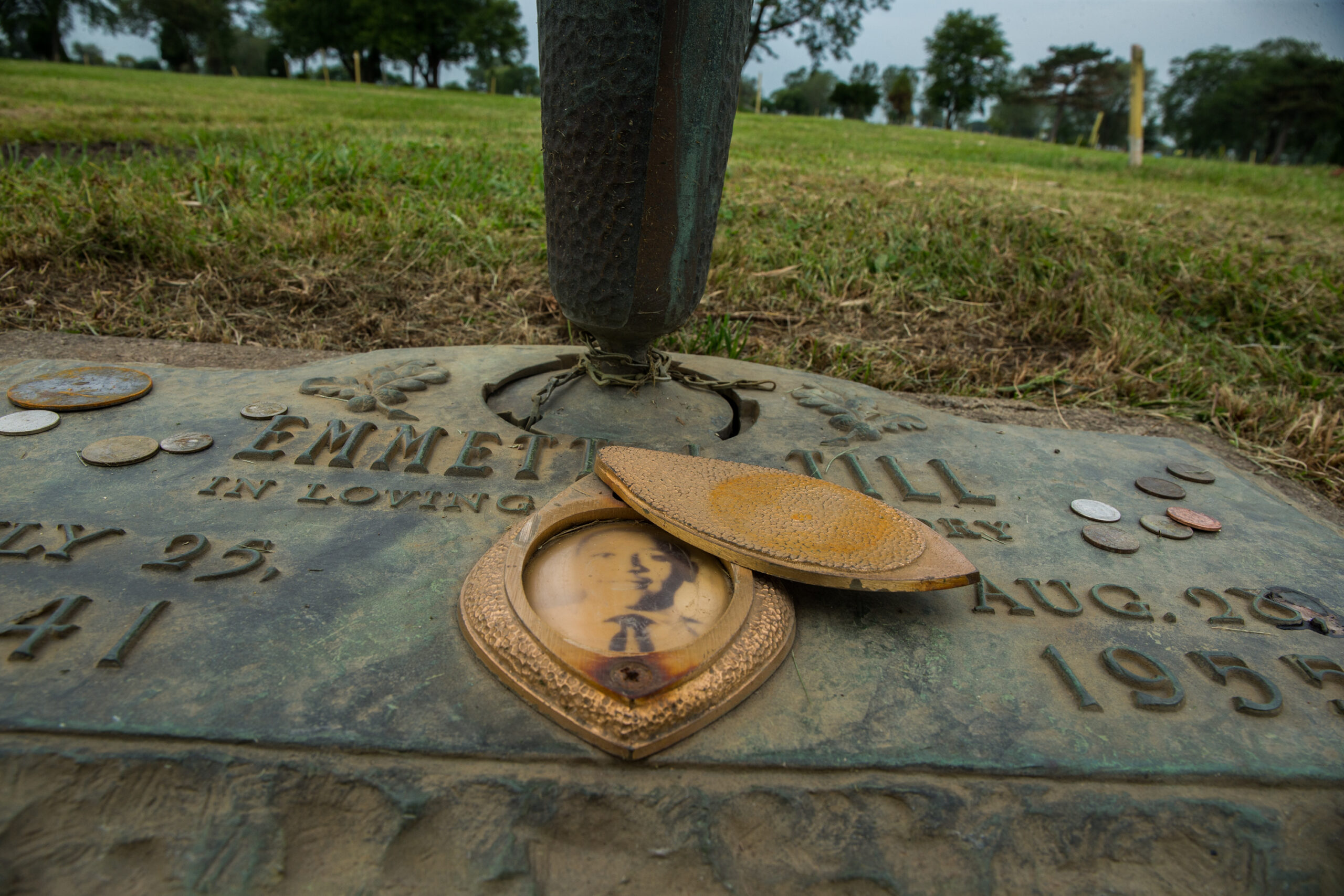 The grave marker for Emmett Till at Burr Oak Cemetery...