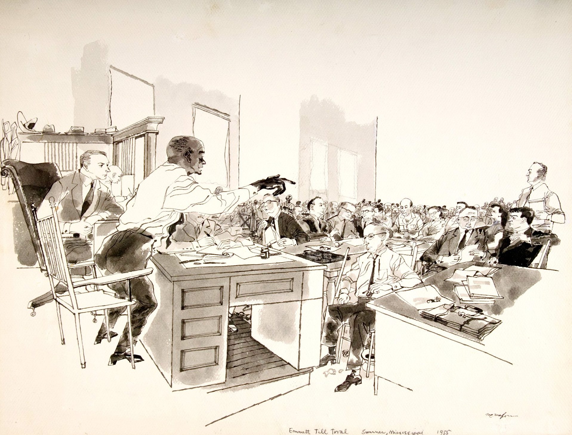 A courtroom drawing by Franklin McMahon shows a moment from...