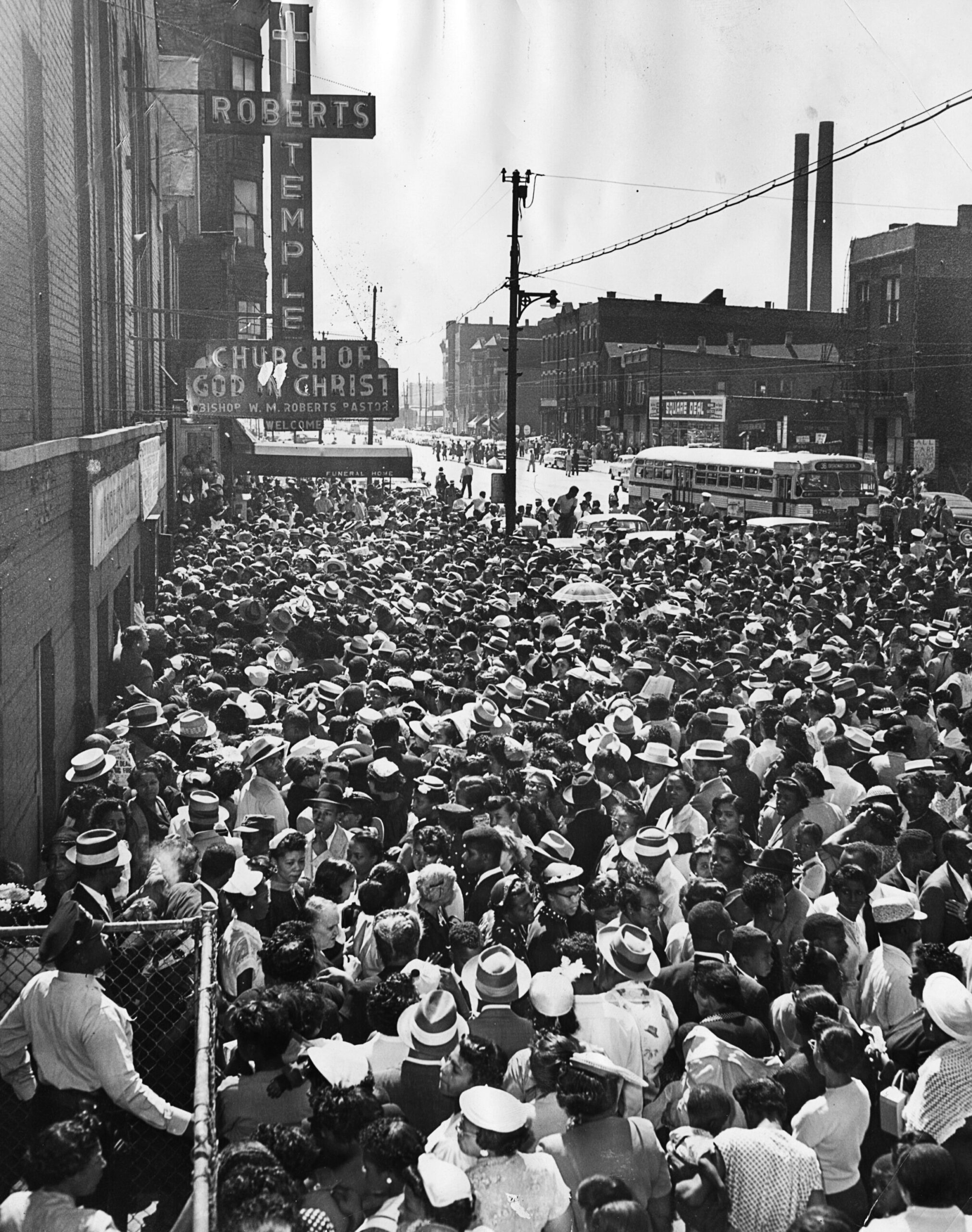 A huge crowd gathered for Emmett Till's funeral at Roberts...