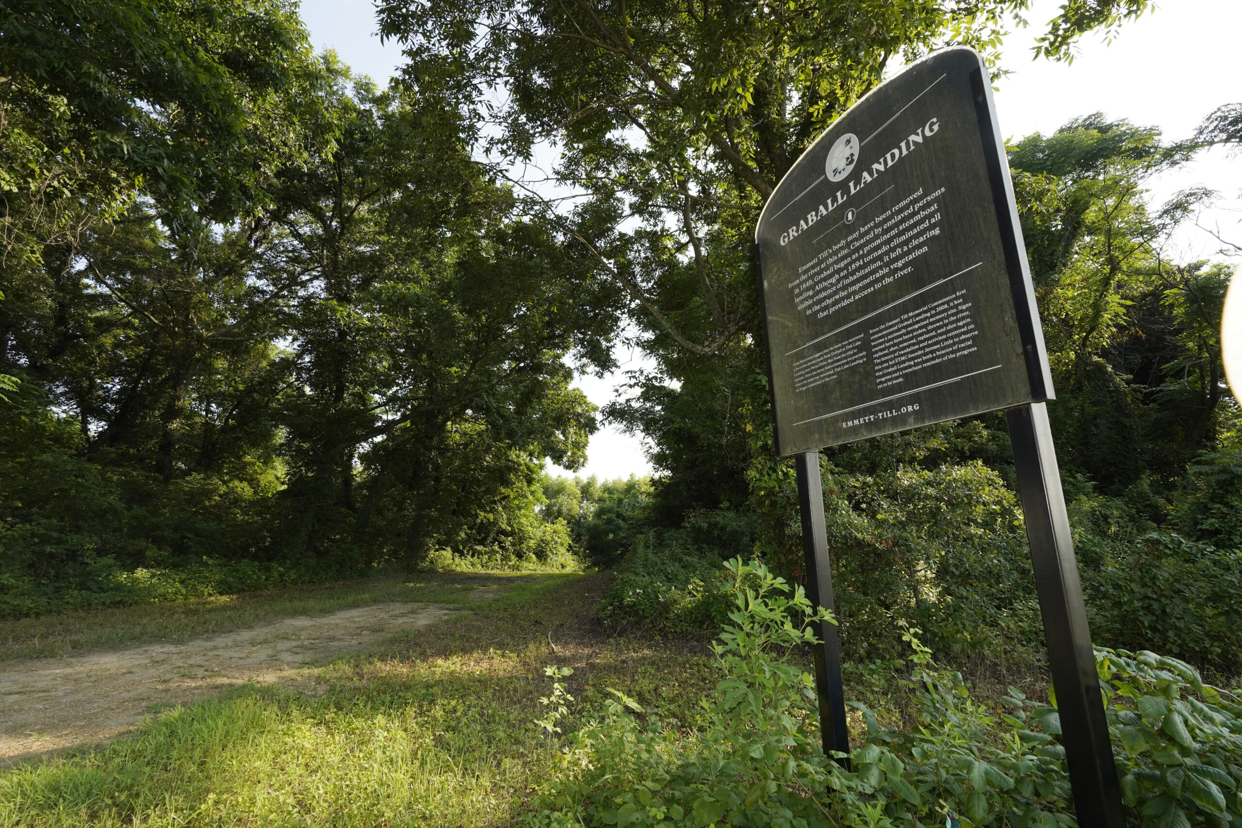 A memorial sign at Graball Landing, the spot where Emmett...